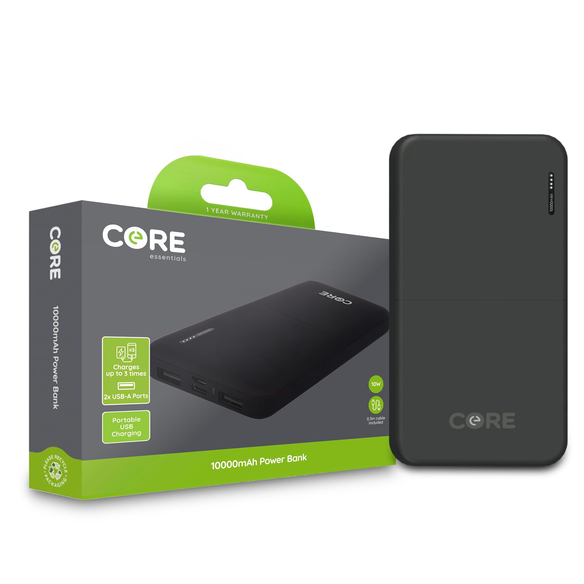 CORE ESSENTIALSPower Bank 10000mAh Portable Mobile Phone Charger | PD 5V 2 x USB Port | Includes 1 Micro USB Cable | Battery Pack Arrives Fully Charged | 2 Full Charge Capacity | Travel Essential