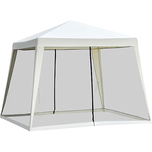 Outsunny 10'x10' Outdoor Canopy Tent, Slant Leg Sun Shelter with Mesh Sidewalls, Patio Tents for Parties, Cream White