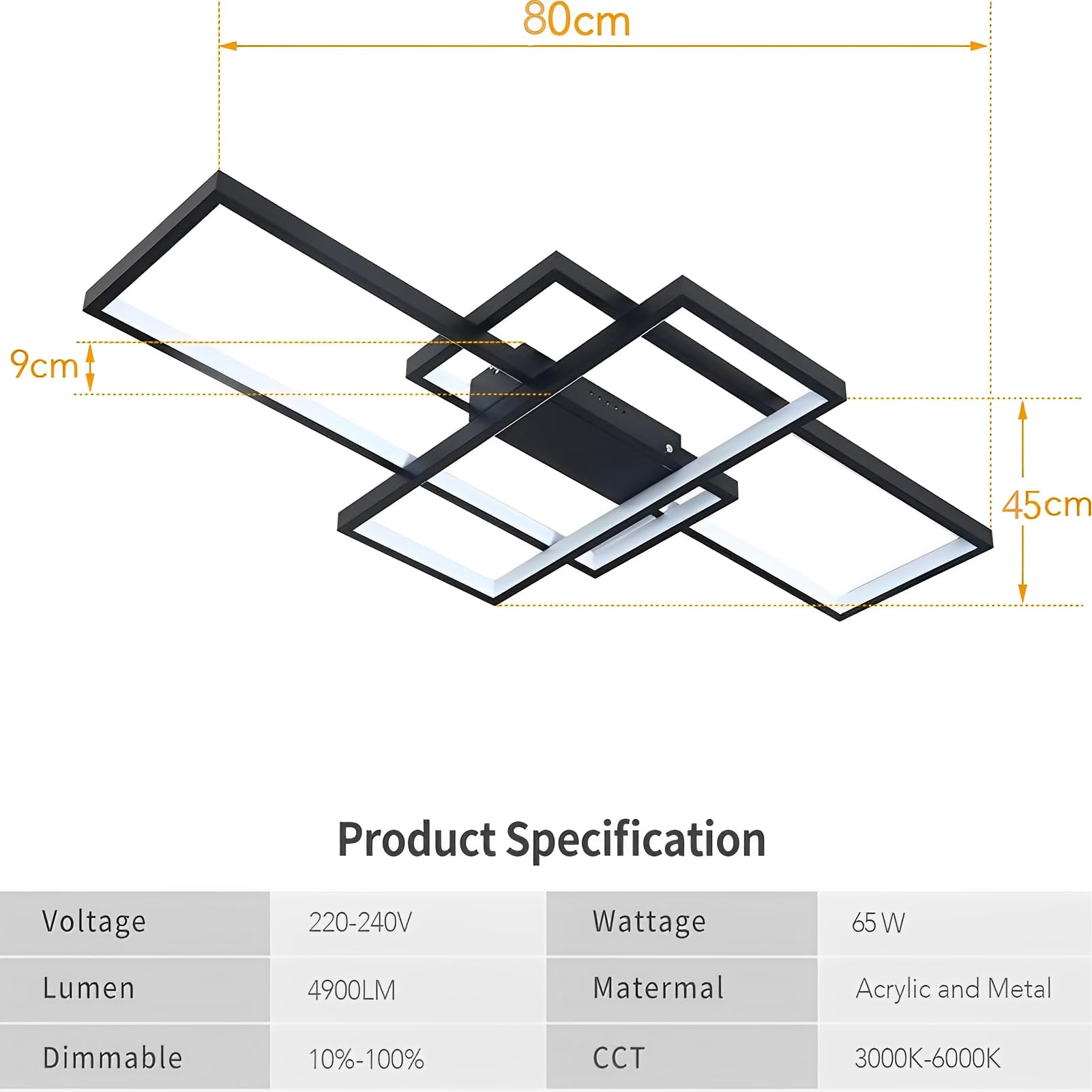 Modern Design LED Deckenleuchte Dimmbar 65W Rechteckige Deckenleuchte, 3000K-6000K Wohnzimmer Deckenlampe Schwarz Mit Fernbedienung, Für Schlafzimmer Wohnzimmer Küche Schmücken(80cm)