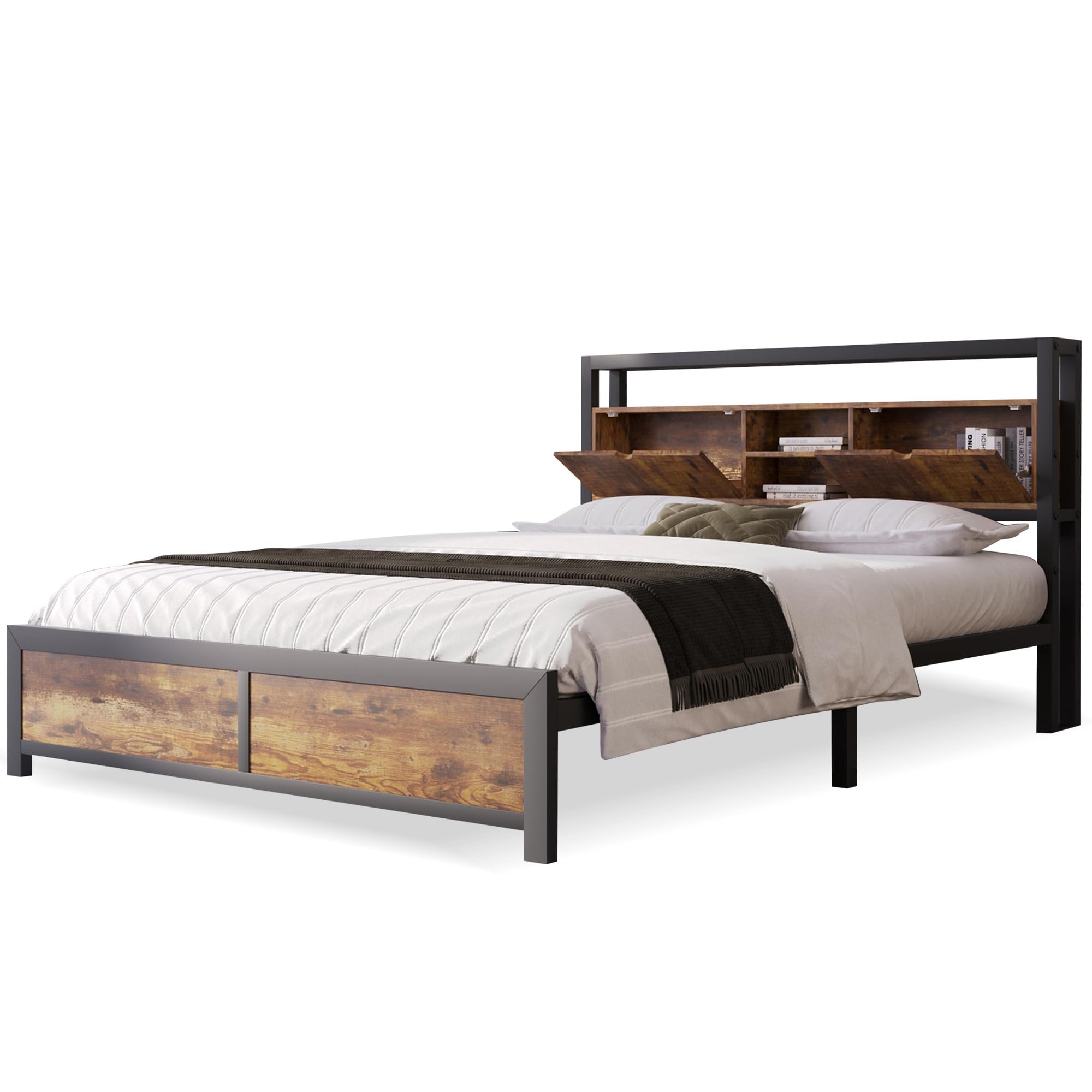 Cama de metal para adolescentes con cabecero de almacenamiento y somier de láminas de metal, marco de cama para adultos, niños, adolescentes, color negro, cama industrial (140 x 200 cm)