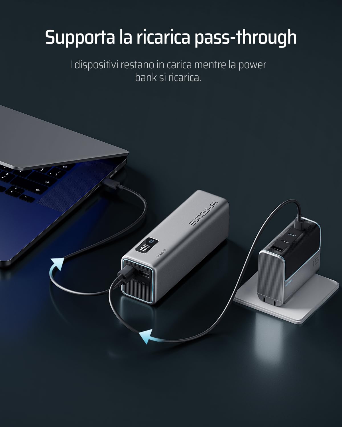 CUKTECH 65W Power Bank Ricarica Rapida, 20000mAh Portatile Batteria Esterna con 3 Porte, Display Digitale, USB C Caricatore Portatile Caricabatterie per Laptop MacBook Pro, Galaxy S23, iPhone 15 Pro