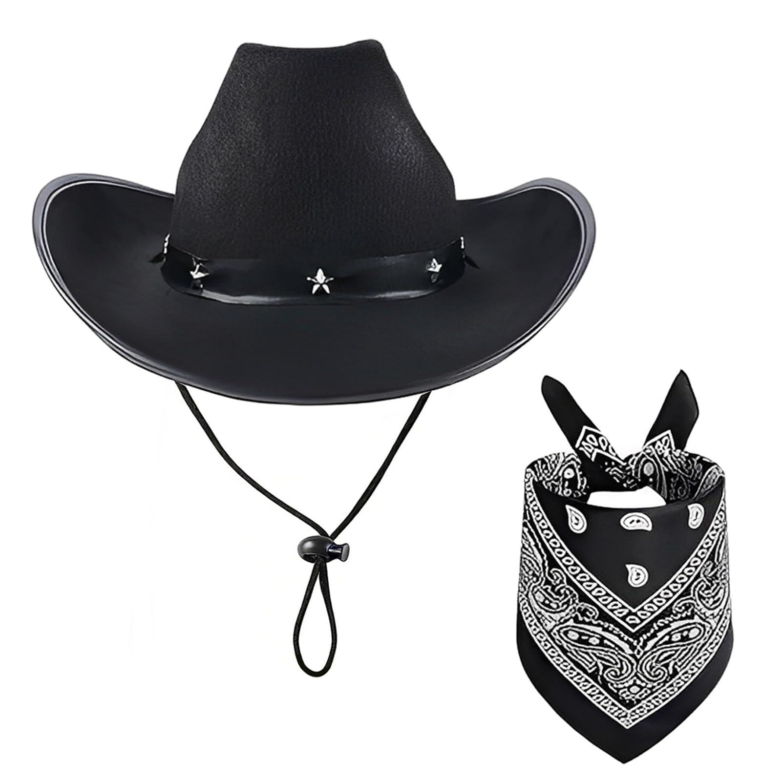 MYKAGS Cowboy Hats for Women and Men with Pull-On Closure, Cowboy Cowgirl Costume Accessories Set, Western Cowboy Hat with Bandanas for Party, Costume Party Perfect Cowboy for Adults (Black)