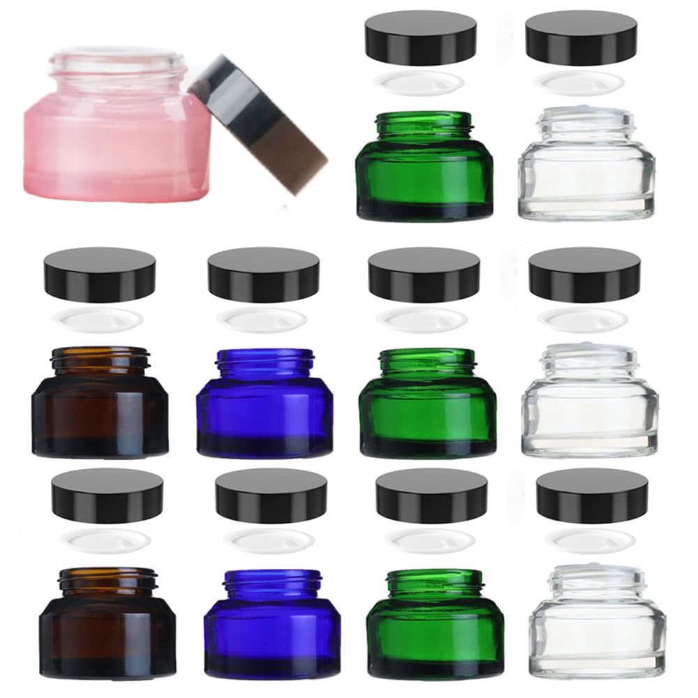 20 Pezzi Flaconi Vuoti in Vetro 15/30/50 g con Coperchio Nero Ricaricabili per Crema Viso Contorno Occhi Lozioni e Cura della Pelle Contenitori Cosmetici Portatili da Viaggio (20,15g,Trasparente)