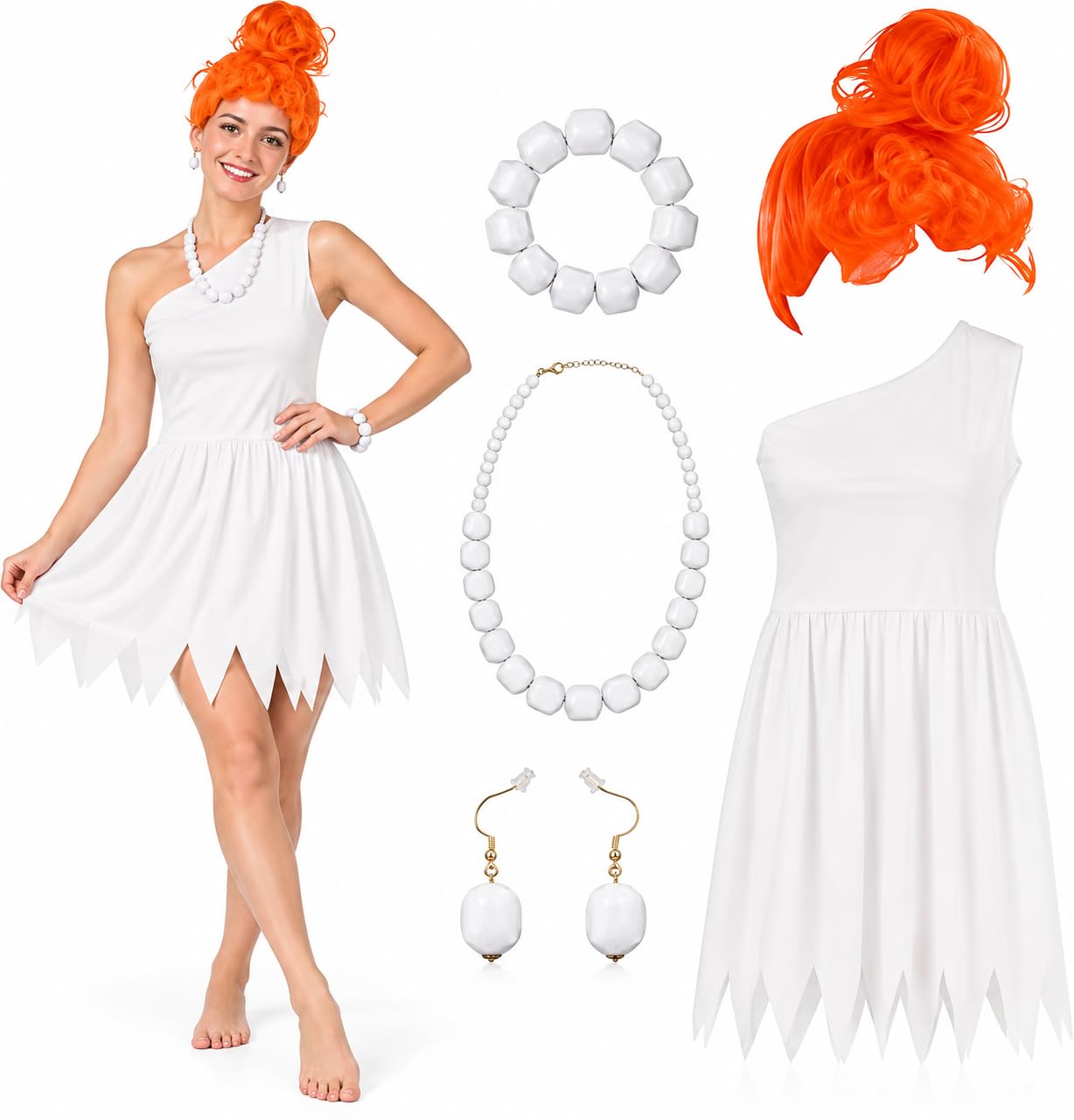 5PCS Halloween Caveman Costume Adult Women White Dress Set for Cosplay Small