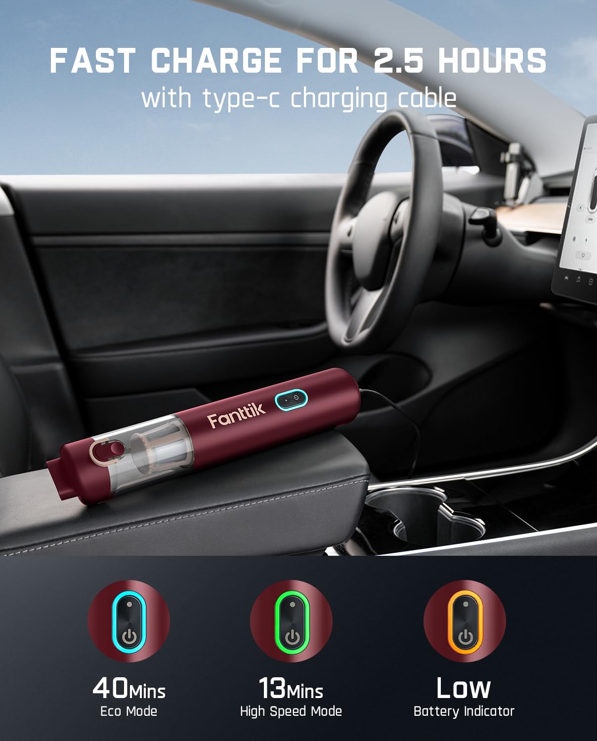 Fanttik Slim V8 APEX Cordless Car Vacuum & Air Duster, 4-in-1 Portable Mini Vacuum with 19000pa Suction Power for Pet Hair, Type-C Charge, One-Touch Empty for Car, Office Desk, Keyboards (Red) view 7