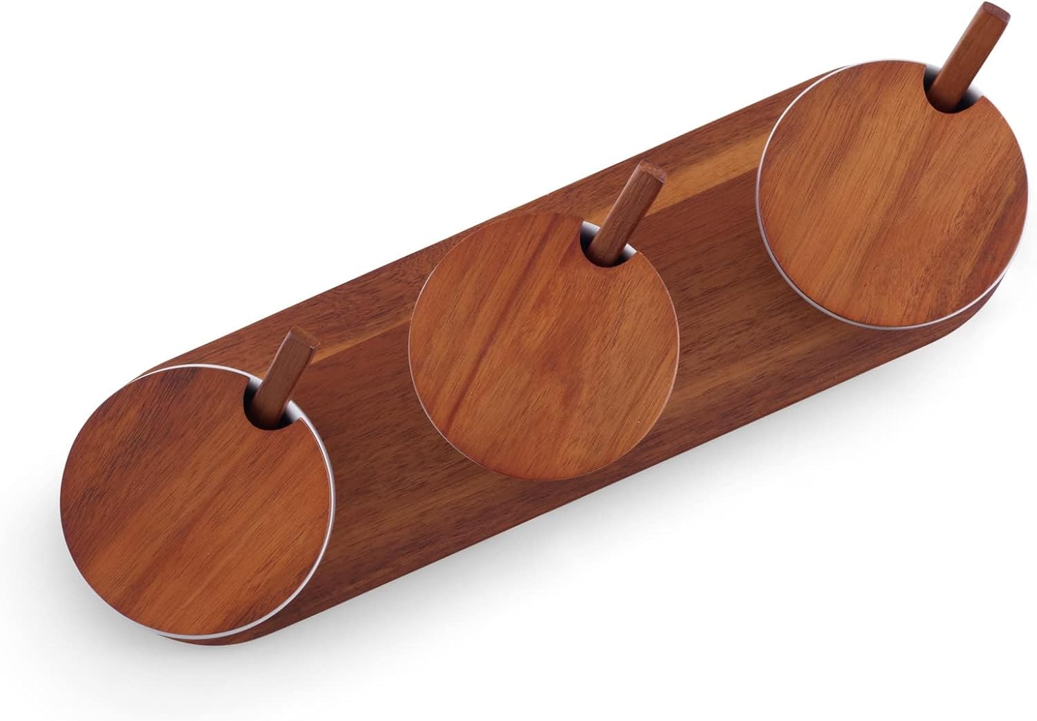 Nambé Duets Triple Condiment Server w/Lids & Spoons, 14” x 4” Acacia Wood Base with 3 Porcelain Bowls for Dips, Sauces, Nuts & Appetizers, Party, Snacks & Entertaining Serveware Set