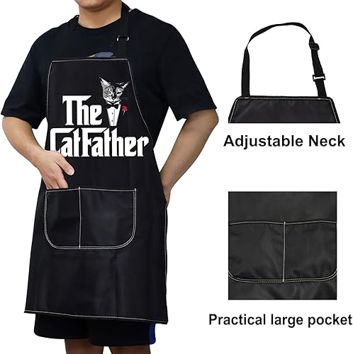 Miniatura 4 de WZMPA Divertido delantal de cocina Catfather con bolsillos, regalo para papá y gato, delantal ajustable para cocinar, hornear, asar a la parrilla