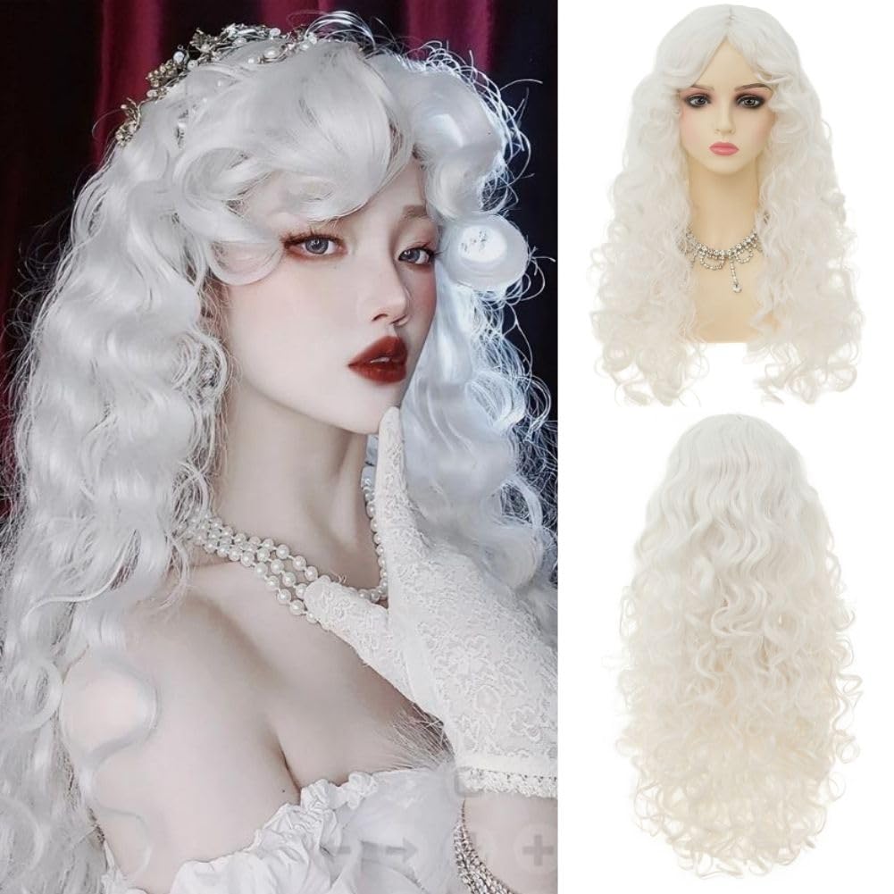 Siudus White Long Womens Curly Wig with Bangs Middle Part Wavy Wave Anime Hair Wig Synthetic Heat Resistant Fiber for Halloween Cosplay Use
