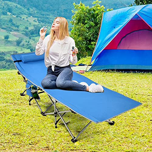 COSTWAY Folding Camping Bed, Heavy Duty Outdoor Sleeping Cot with Detachable Headrest, Side Pocket and Carry Bag, Portable Extra Wide Camp Lounger Bed for Travel Beach Office (Blue) - Image 8