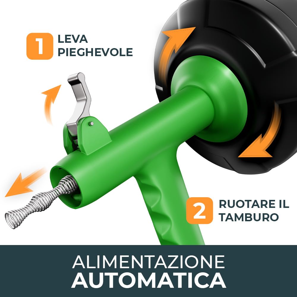 Meisterfaktur Sonda Sturatubi per Pulizia [7,5 m] - Funzione Automatica - Molla Stura Tubi Ideale con Alimentazione Automatica - Sonda Idraulica Stura Lavandini e Scarichi per Amanti del Fai da Te!