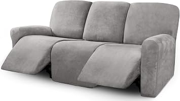 ULTICOR Velvet 8-Pieces Recliner Sofa Covers Stretch Reclining Couch Covers for 3 Cushion Reclining Sofa Slipcovers Furniture Covers Thick Soft Washable 3 Seater Recliner Cover, Light Grey