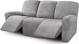 ULTICOR Velvet 8-Pieces Recliner Sofa Covers Stretch Reclining Couch Covers for 3 Cushion Reclining Sofa Slipcovers Furniture Covers Thick Soft Washable (3 Seater Recliner Cover, Light Grey)