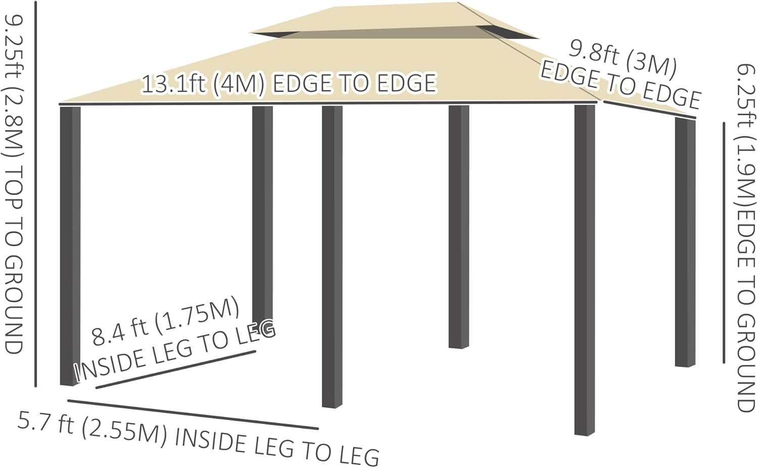 Diagram illustrating the dimensions of the Outsunny gazebo, including length, width, and height measurements