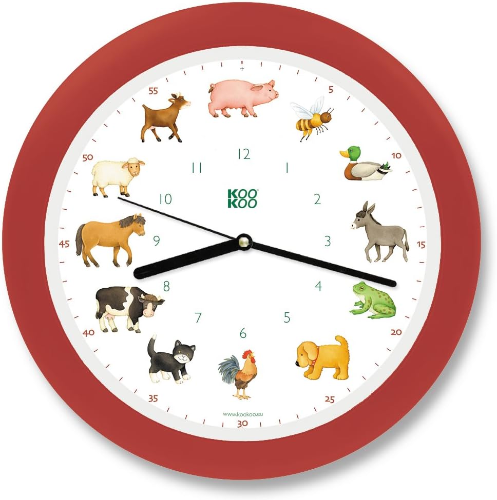 KOOKOO KidsWorld Strawberry-Red, Wall Clock for Children with Natural Sounds, 12 Farm Animals
