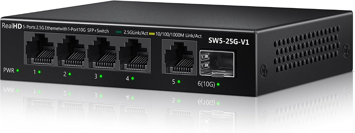 Conmutador Ethernet de 5 puertos y 2,5 Gb, divisor de conmutador de red no administrado | Carcasa metálica | 5 x 2,5 Gigabits | 1 x 10G SFP+ | Conmutador multigigabit 10-100-1000Mbps | Ancho de banda 45G | Conmutador de Internet sin ventilador