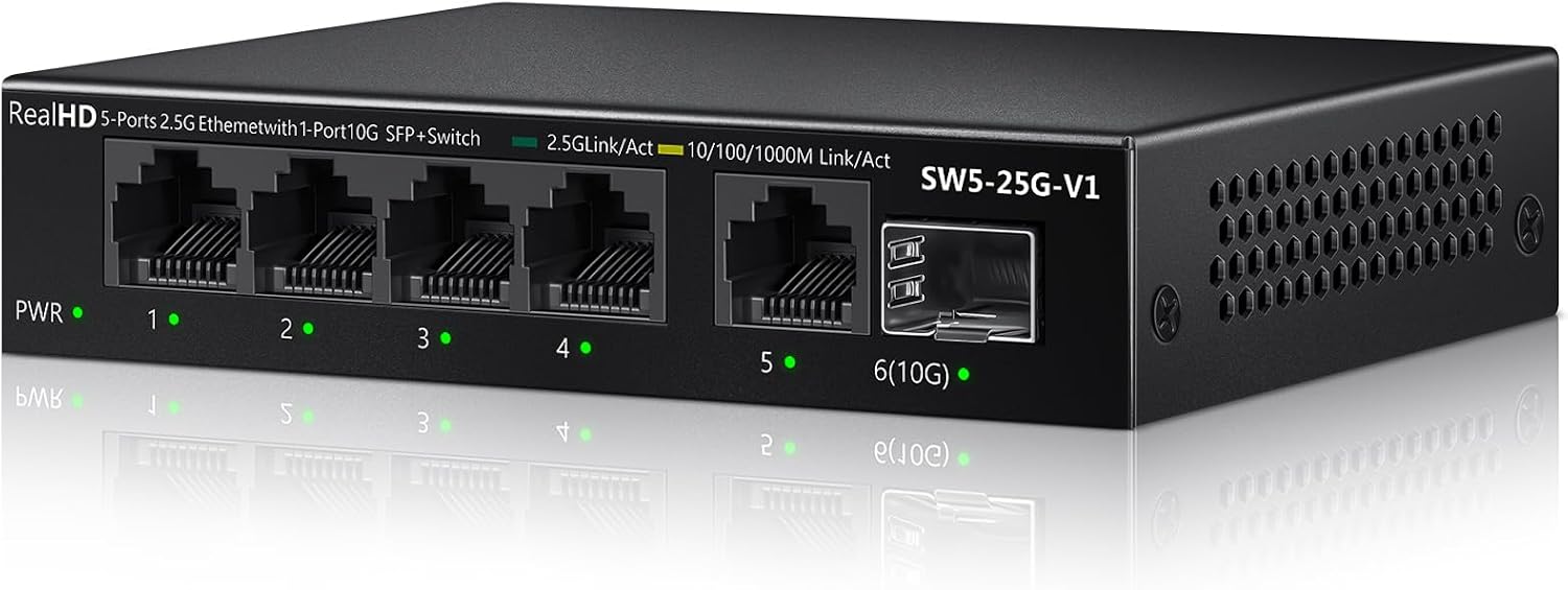 5 Port 2.5Gb Ethernet Switch Unmanaged Network Switch Splitter | Metal Casing | 5 x 2.5 Gigabit | 1 x 10G SFP+ | Multigig Switch 10-100-1000Mbps | 45G Bandwidth | Fanless Internet Switch