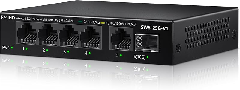 Conmutador Ethernet de 5 puertos y 2,5 Gb, divisor de conmutador de red no administrado | Carcasa metálica | 5 x 2,5 Gigabits | 1 x 10G SFP+ | Conmutador multigigabit 10-100-1000Mbps | Ancho de banda 45G | Conmutador de Internet sin ventilador