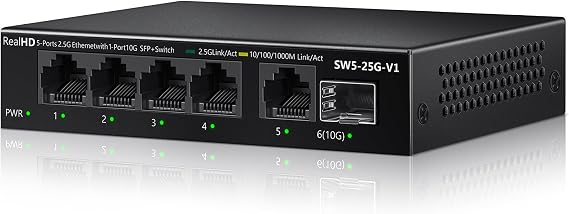 5 Port 2.5Gb Ethernet Switch Unmanaged Network Switch Splitter | Metal Casing | 5 x 2.5 Gigabit | 1 x 10G SFP+ | Multigig Switch 10-100-1000Mbps | 45G Bandwidth | Fanless Internet Switch