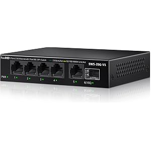 5 Port 2.5Gb Ethernet Switch Unmanaged Network Switch Splitter | Metal Casing | 5 x 2.5 Gigabit | 1 x 10G SFP+ | Multigig Switch 10-100-1000Mbps | 45G Bandwidth | Fanless Internet Switch