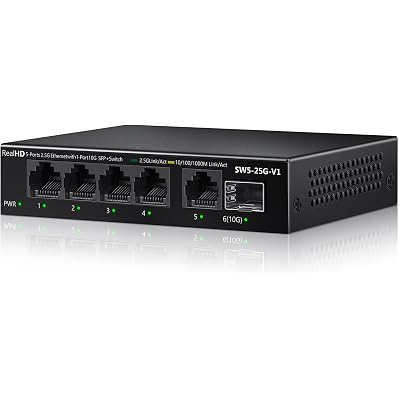 5 Port 2.5Gb Ethernet Switch Unmanaged Network Switch Splitter | Metal Casing | 5 x 2.5 Gigabit | 1 x 10G SFP+ | Multigig Switch 10-100-1000Mbps | 45G Bandwidth | Fanless Internet Switch