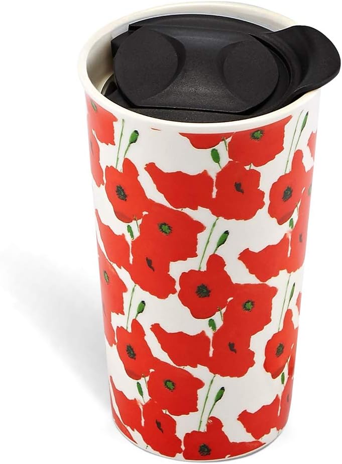 KARALIN Ceramic Travel Coffe Mug with Double Wall Insulated Tumbler,Splash Proof Mug Lid 12 oz (Red Flower)