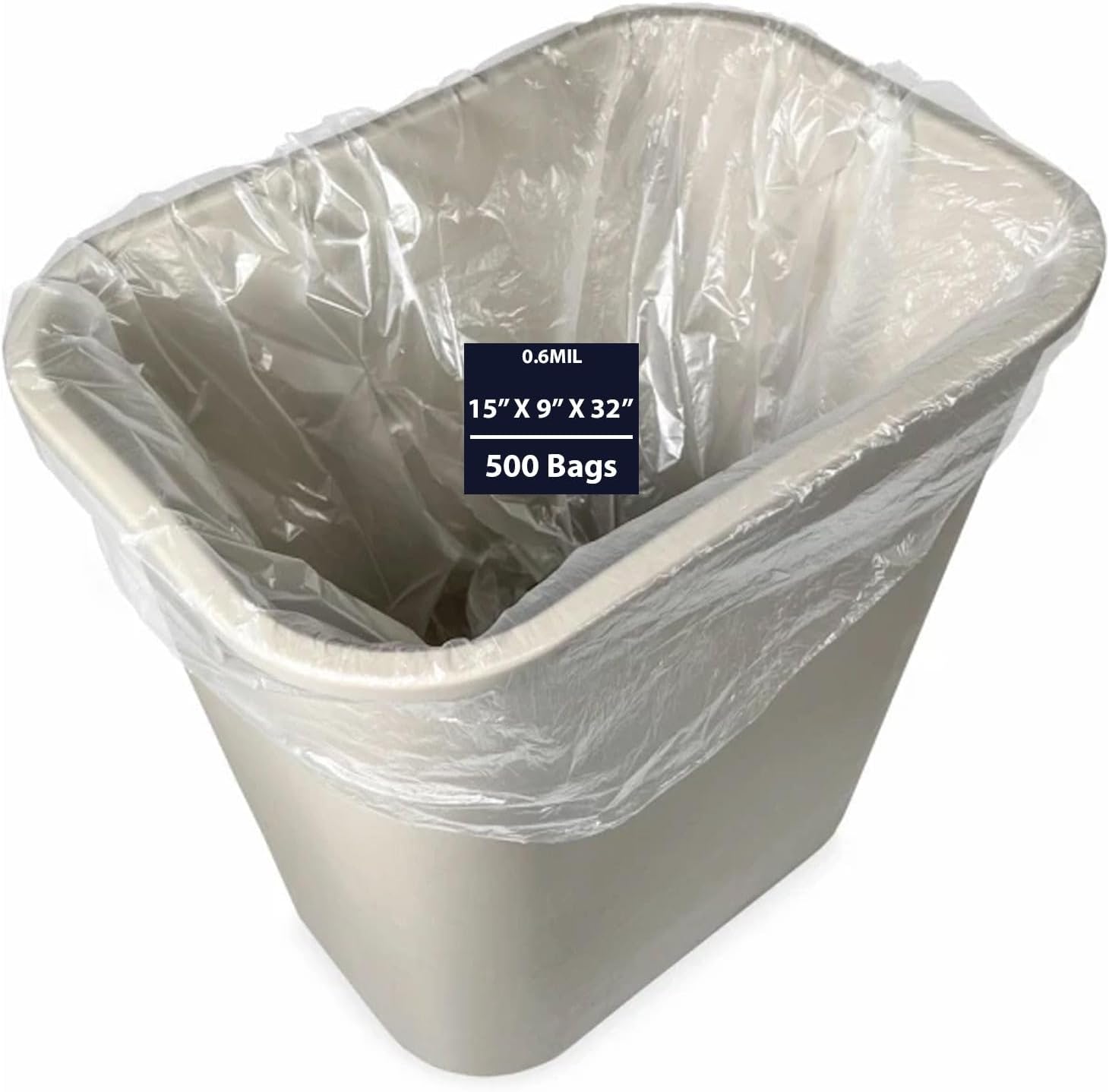 Linear LDPE Trash Can Liner – Clear 0.6Mil, 15″ X 9″ X 32″ & 500 Bags | Heavy Gauge 7 1/2-10 gal, Recyclable & Durable Trash Can Liners | Excellent Tear and Puncture Resistance