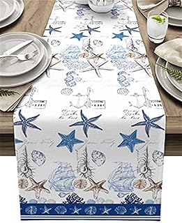 FUNNXGRSAM Ocean Marine Life - Runner per tavolo da pranzo, con conchiglie, motivo stella marina, con bordo in corallo, decorazione per la casa, 30 x 175 cm
