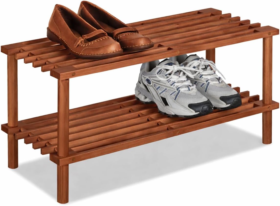 Bamboo 2-Tier Wooden Shoe Rack   Brown | Multi-Layer Shoe Storage Organiser for Entryway, Hallway, or Closet | Durable Bamboo Design Shoe Shelf for Home & Office Shoe Bench 2 Tier