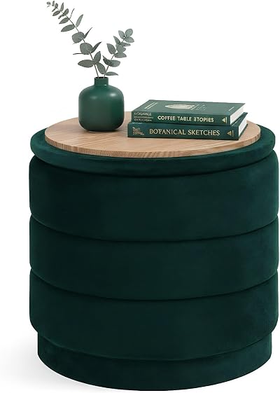 B FSOBEIIALEO Round Storage Ottoman, 39 cm Velvet Ottomans, Bottle Green