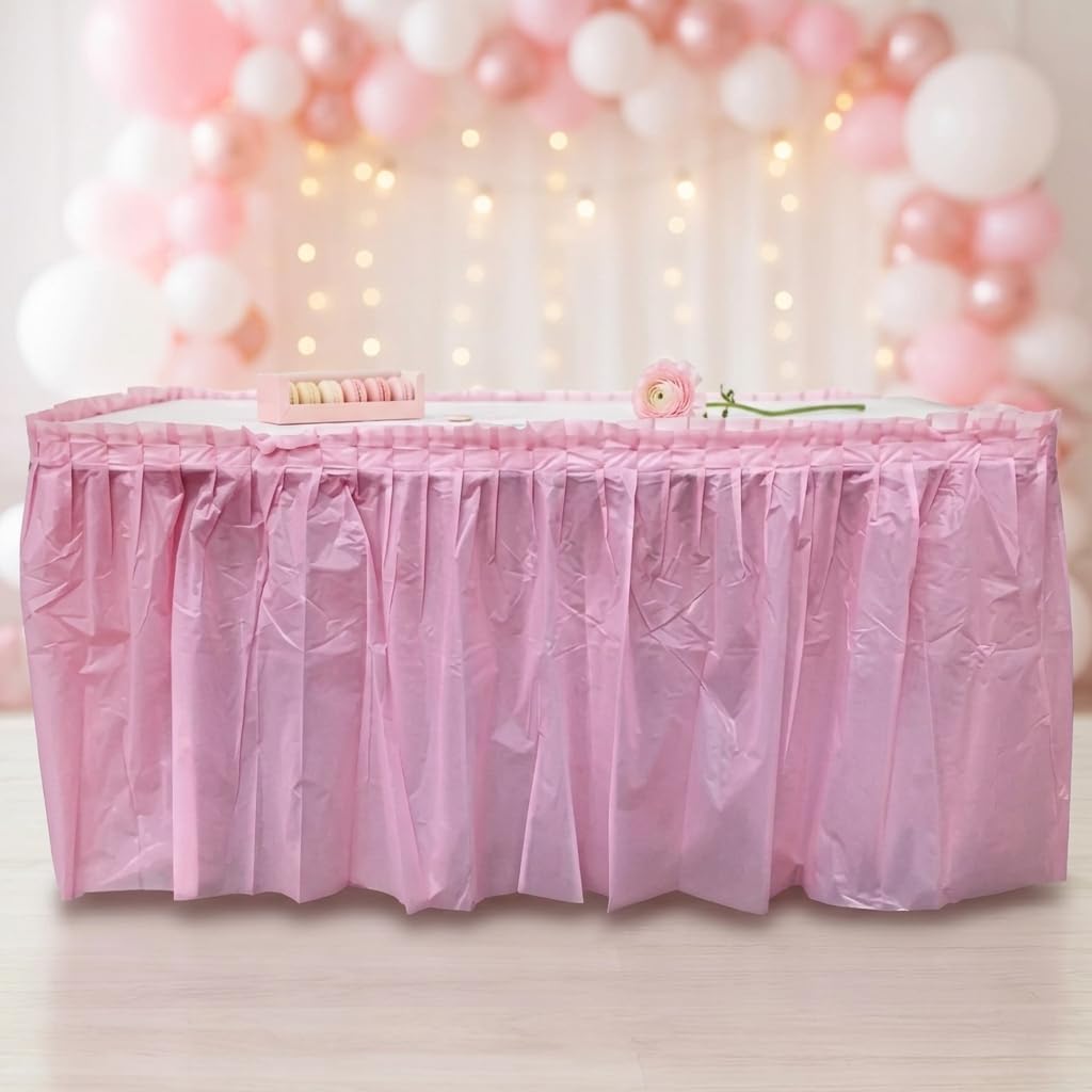 Oojami 4 Pack Pink Table Skirt – 14 ft x 29 in Plastic Table Skirts for Rectangle Tables, Disposable Peel & Stick, Party, Birthday, Baby Shower, Festival Decorations