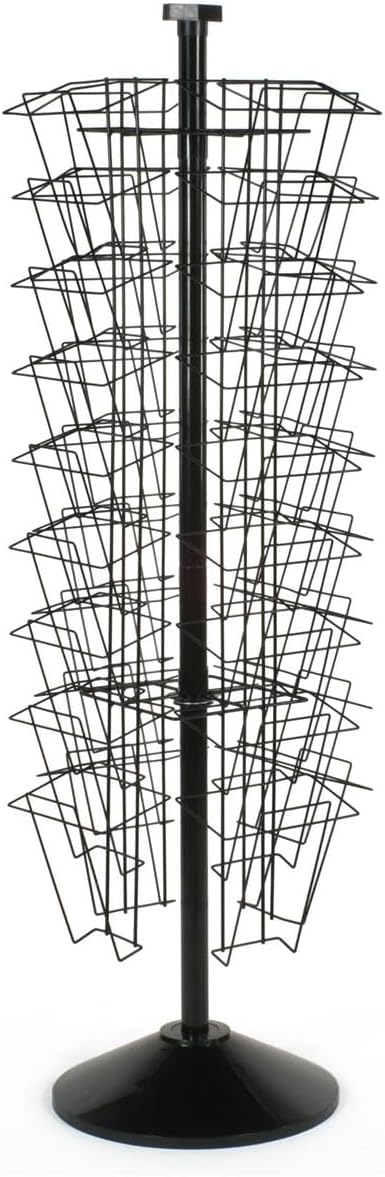 Displays2go 59 Inch Black Wire Tiered Rotating Magazine Stand with 36 Compartments, Floor Standing, Includes Sign Holder - Perfect for Lobbies, Offices, Retail Stores - Black (WSFM936PB)