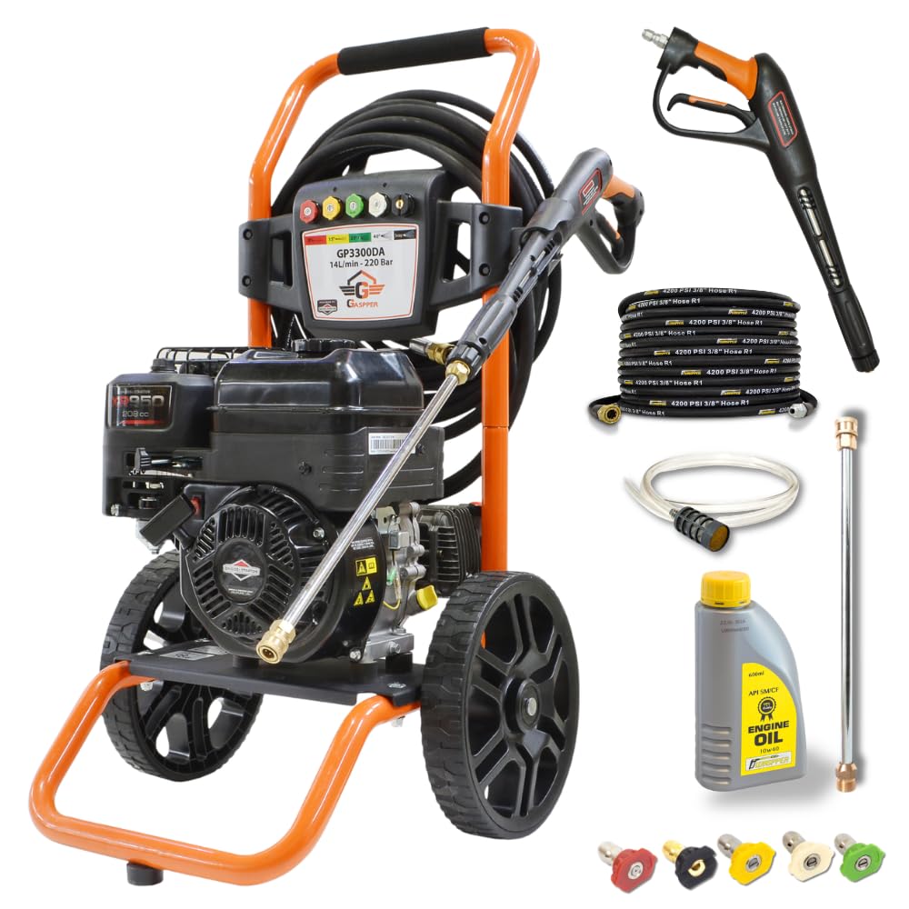 Hidrolimpiadora Gasolina 3200 PSI (220 Bar), Motor Briggs & Stratton XR950 208cc 6.3 HP, Hidrolimpiadora Alta Presión para Construcción, Patio y Vehículos, 14 L/min – Waspper GP3300DA