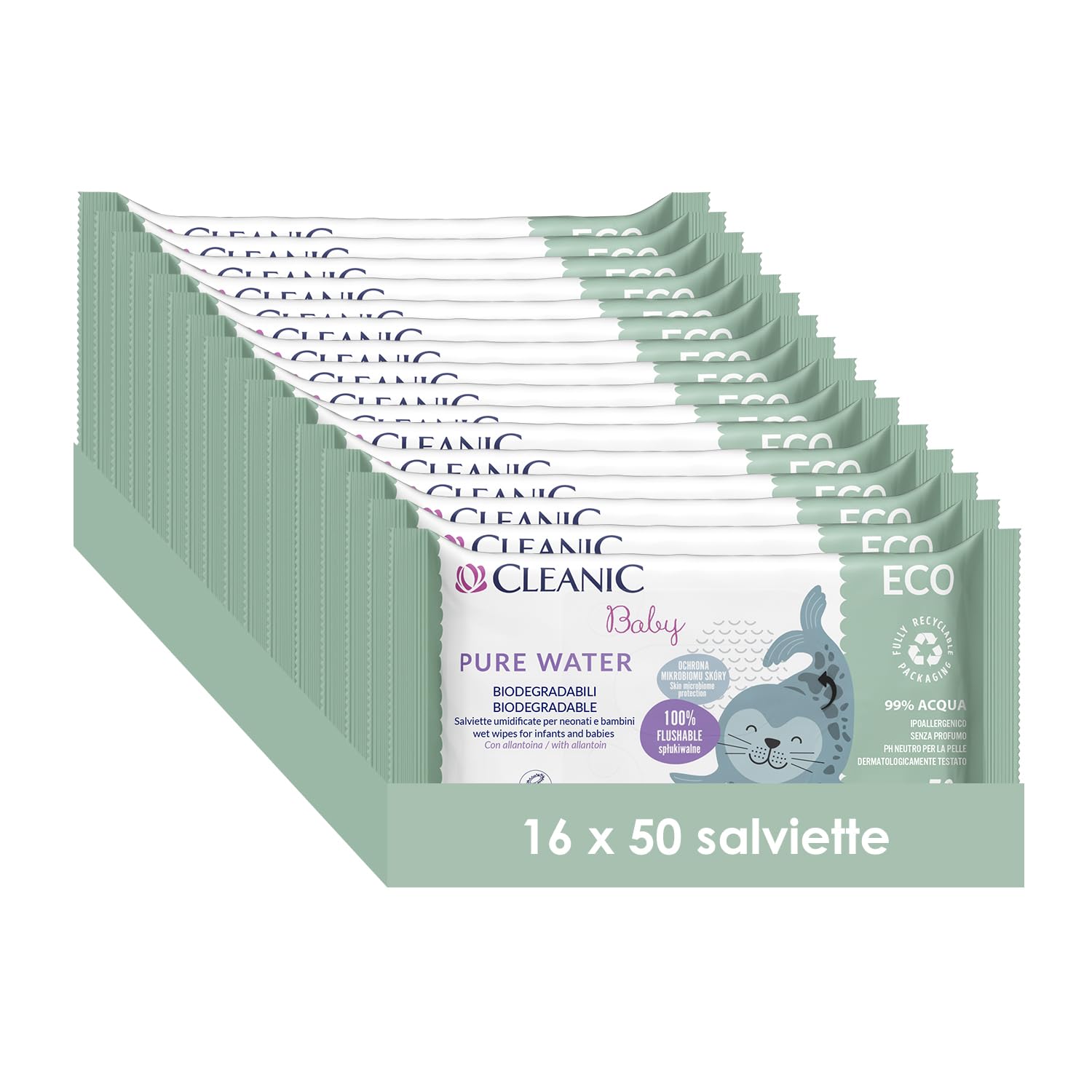 Cleanic Salviette Umidificate Baby Eco Pure Water - (50x16 Pezzi) Salviette - Composizione 99% acqua, allantoina, senza profumo, lavabili, per pelli sensibili - 800 Pezzi