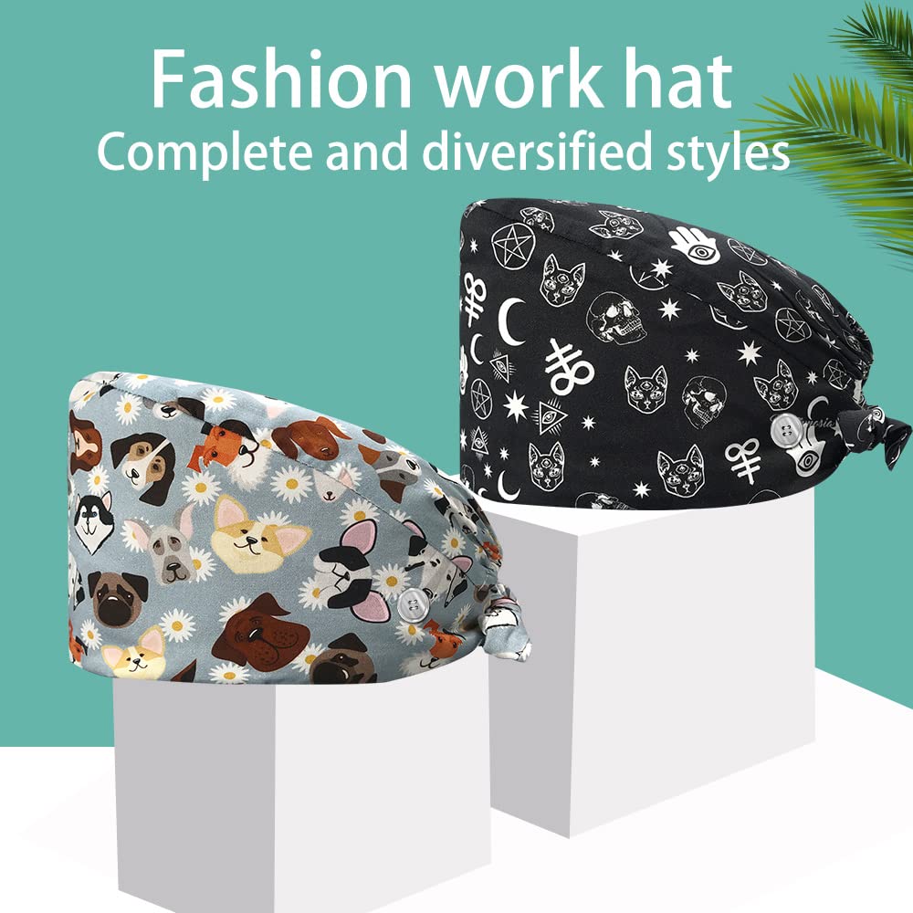 niaahinn 2 Pieces Hospital Work Caps with Buttons Adjustable Sweatband Head Hair Covers Unisex Tie Back Hats Variety of Styles (22192-22193)