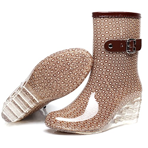 Odema Women's Mid Calf Rain Boots Buckle Side Zipper Wedge High Heel Waterproof Shoes Snow Wellies Bootie #TOP1