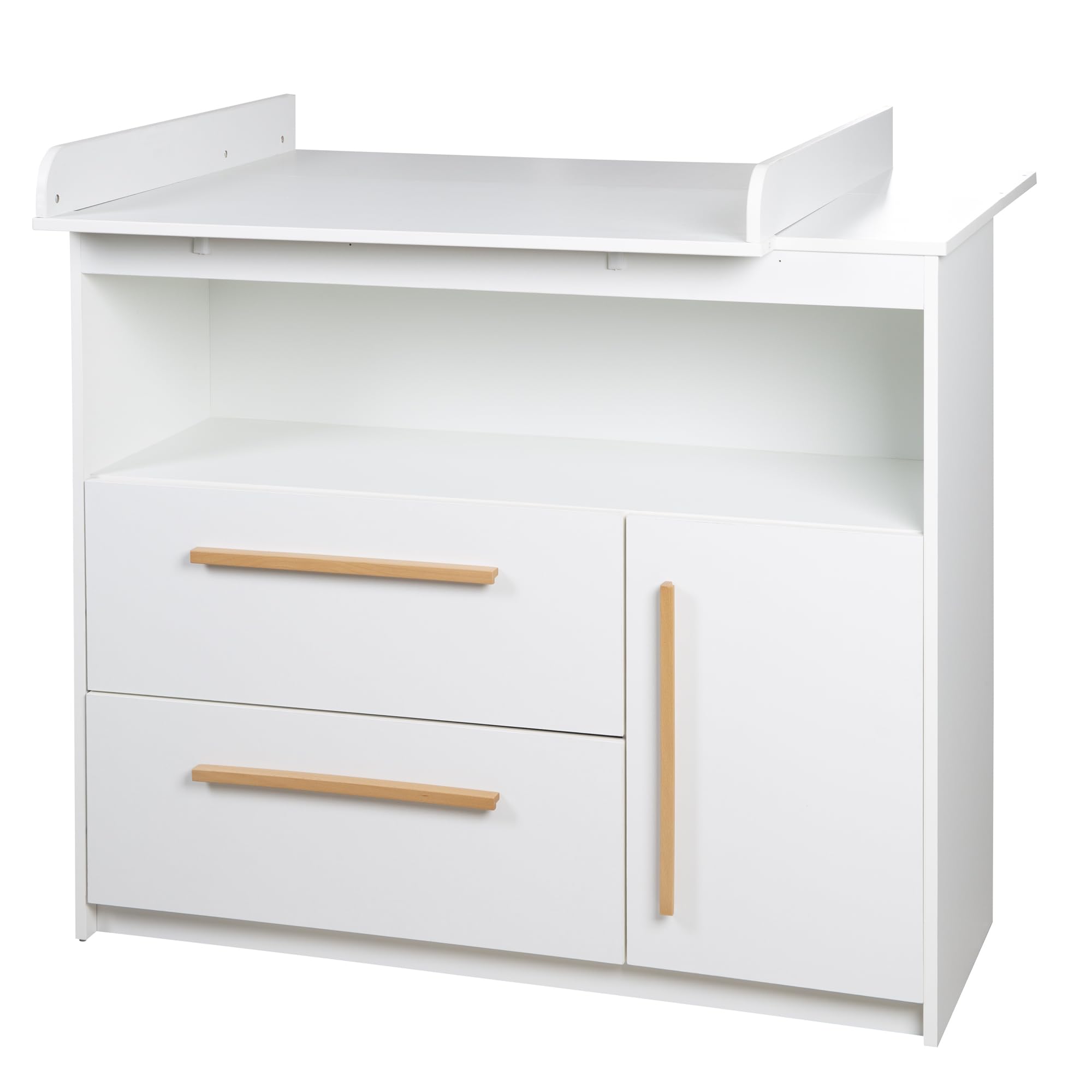 roba Kinderzimmer Set Lilo - Mitwachsendes Gitterbett 70 x 140 cm + Wickelkommode mit 2 Schubladen & 1 Tür + Kinderkleiderschrank 2-türig - Griffe aus Buche - Holz weiß lackiert