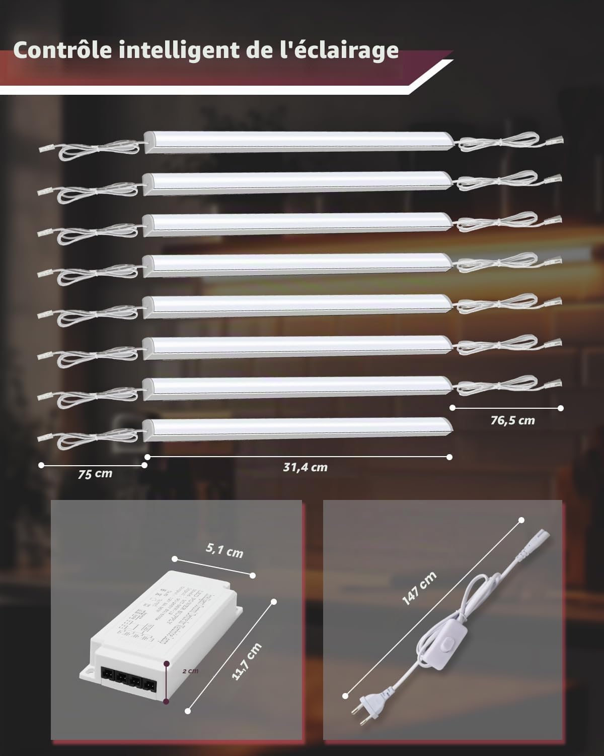 Cefrank Lot de 8 bandes lumineuses LED coupables en forme de V de 30 cm pour armoire de cuisine, vitrine, étagère, 16 W, 1600 lm, blanc chaud (3000 K)