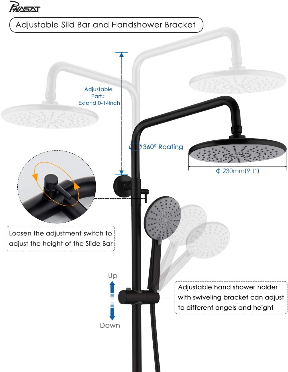 Get Discount 70% Price Outdoor Shower Fixtures Stainless Steel Brass Bathroom Faucet Set with Rainfall Showerhead,Handheld Shower,Wall Mount Adjustable Shower Bar 3 Function Matte Black,CT8727,PHASAT