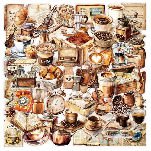 Image of 50 PCS Retro Coffee Stickers for Scrapbooking Journaling Junk Journal Scrapbook Supplies - Waterproof Transparent PET Aesthetic Decals for Resin Crafts Decorative Art Crafts (Retro-3)