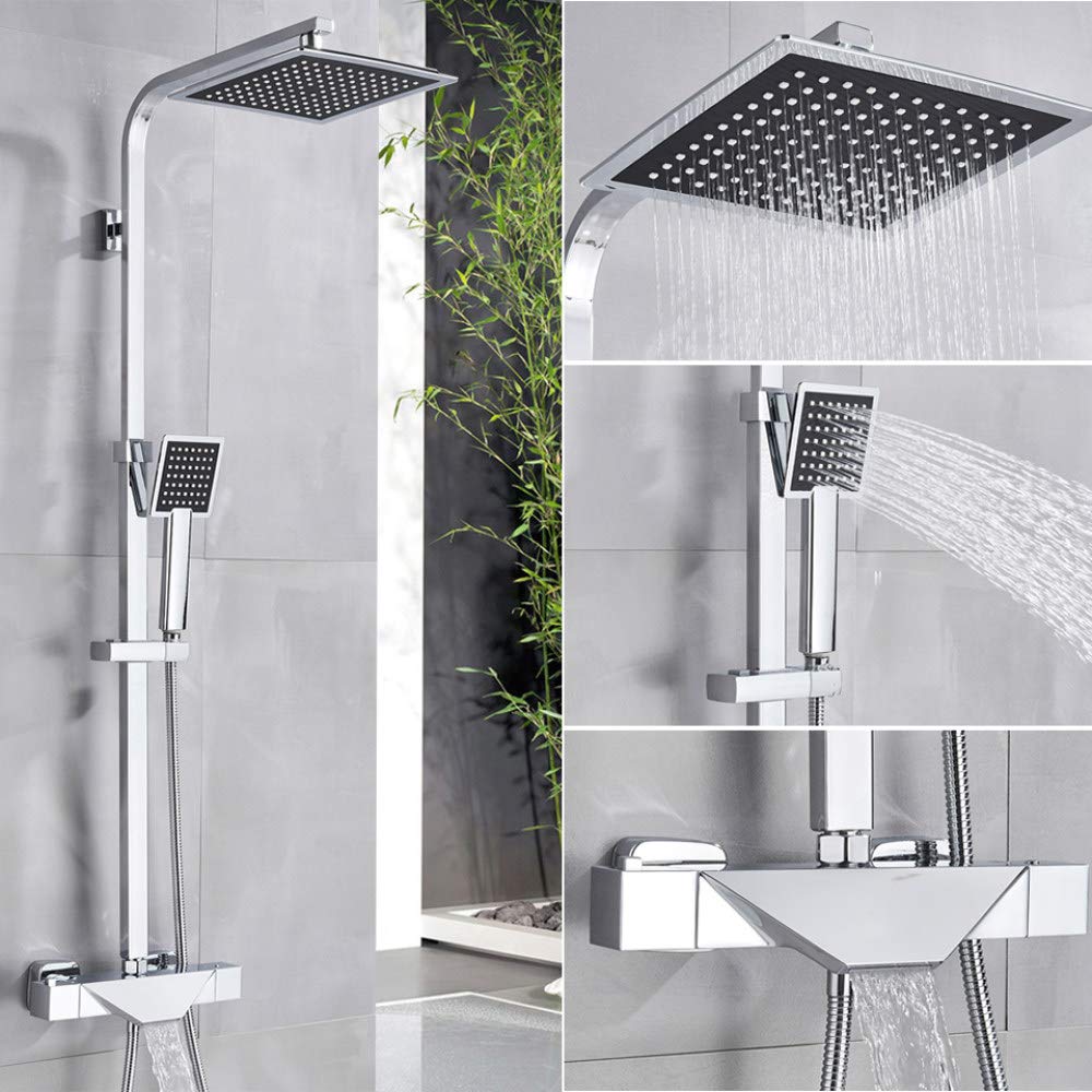 Robinet de douche thermostatique en chrome brillant avec grand pommeau effet pluie