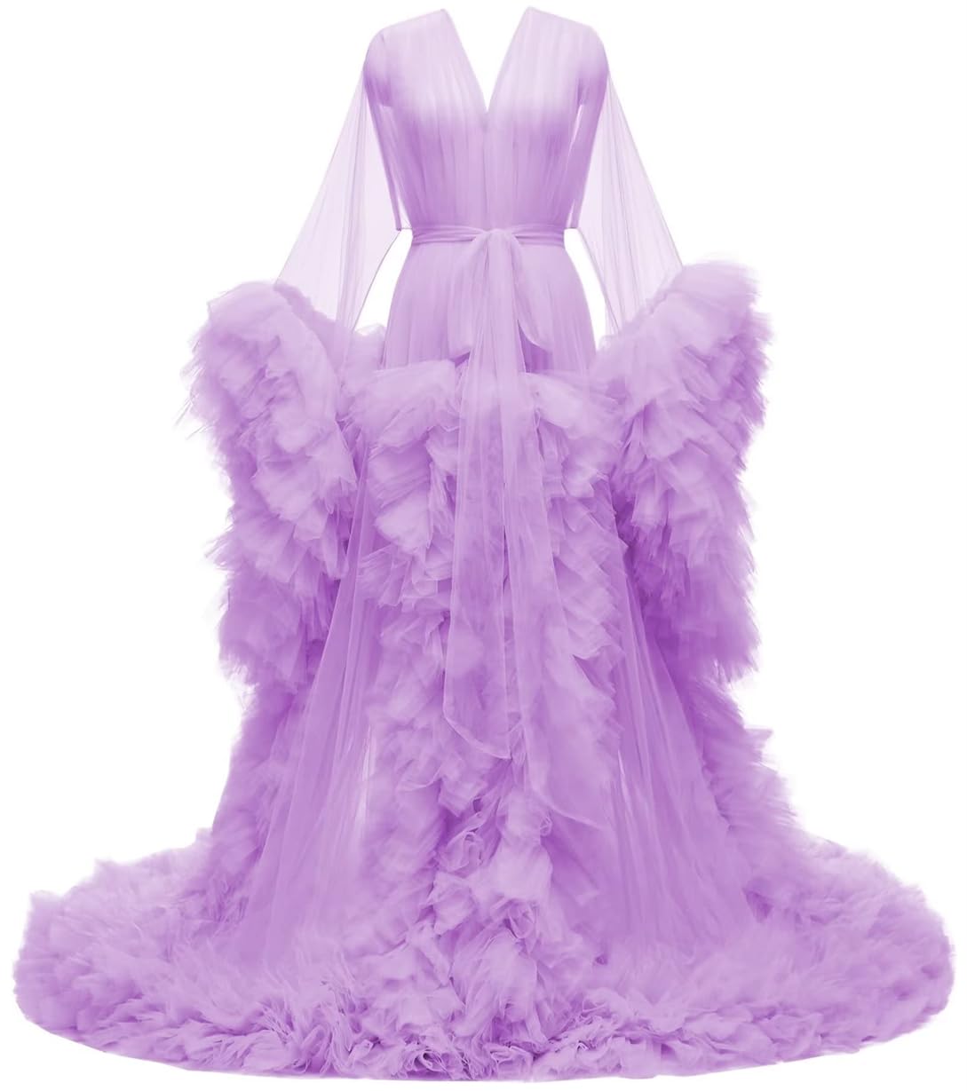 Aherkll Women's Lilac Long Sleeves Bridal Robes Tulle Lingerie Maternity Bathrobe Photoshoot Illusion Wedding Scarf Party Nightgown Zm021 Uk20