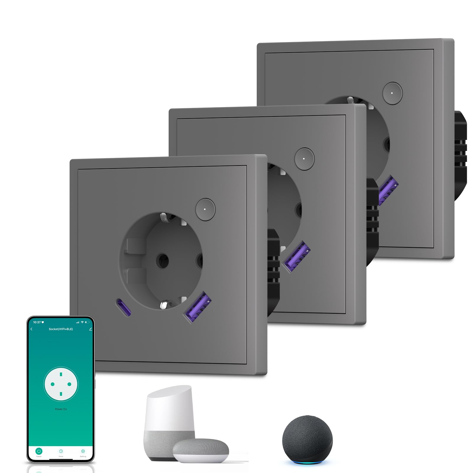 BSEED Enchufe Inteligente con 20W USB y Tipo C,Mate Enchufe Pared Wifi con Medidor Consumo,Control Remoto por APP & Voz,Requiere Cable Neutro,1 Enchufe,Blanco 86mm — view 26