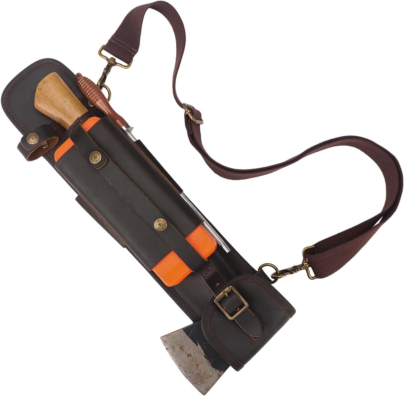 Leather Axe Sling Hatchet Sheath with Glove Strap - Heavy Duty Felling Wedges Pouch with Round Flat File Holder & Tool Organizer - Logger & Bushcraft Gear for Tree Felling, Camping, Forestry