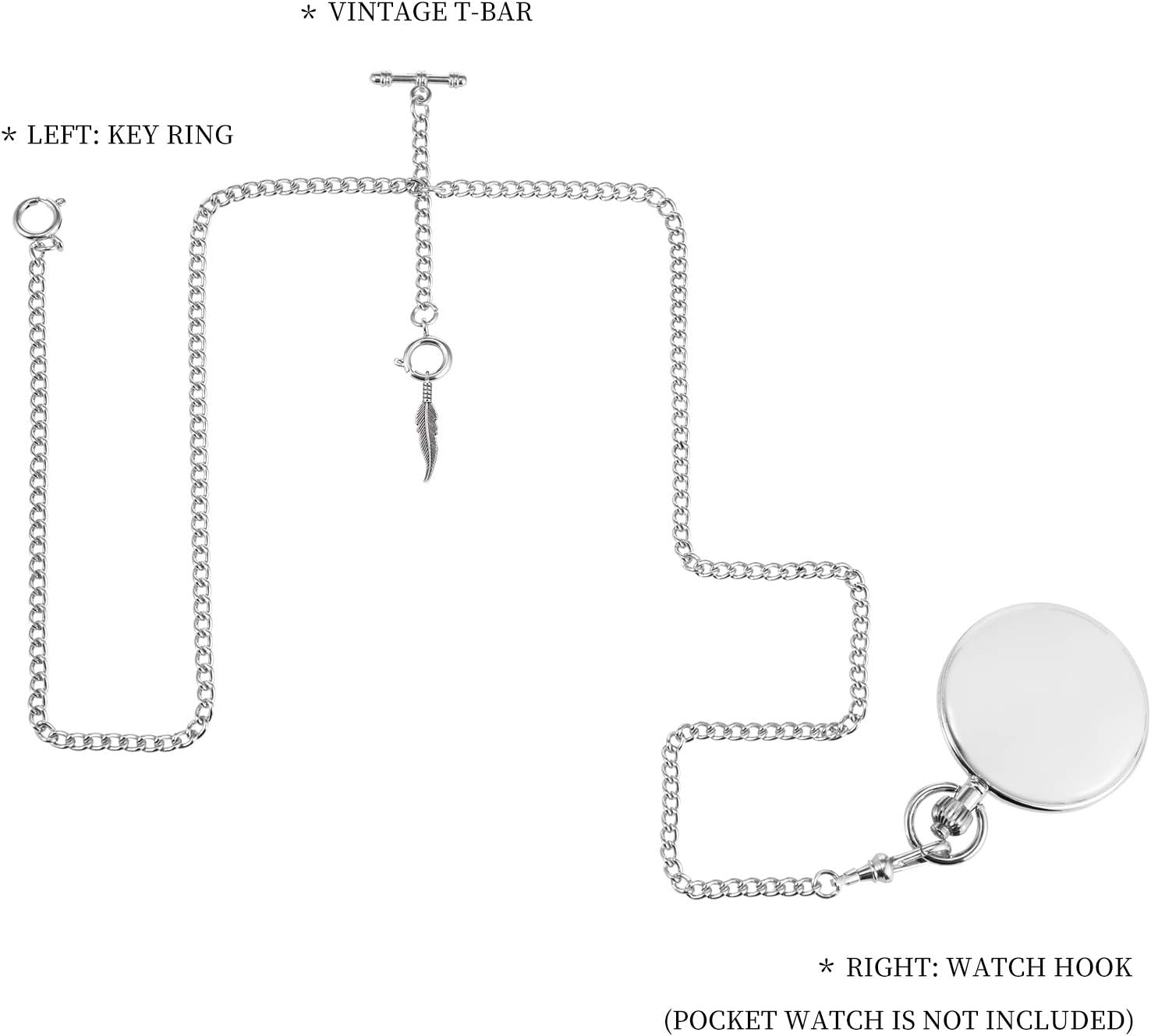 TREEWETO Men's Double Albert Chain Pocket Watch Curb Link Key Chain 3 Hooks with Antique Leaf Pendant Charm Design Copper Fob T Bar