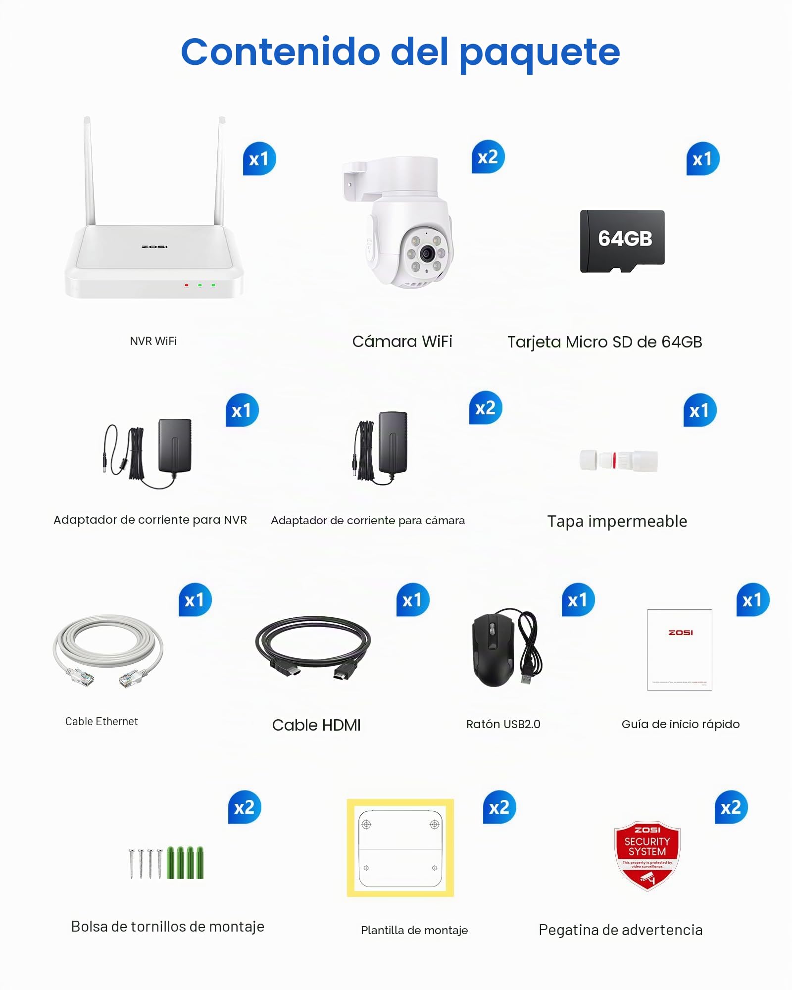 ZOSI 5MP Kit Cámaras de Vigilancia Exterior WiFi6, 8CH 3K Grabador NVR Inalámbrico con 64GB Tarjeta de Memoria y 2X Cámara Seguridad 360° Pan y Tilt, Detección y Seguimiento de Persona, Audio
