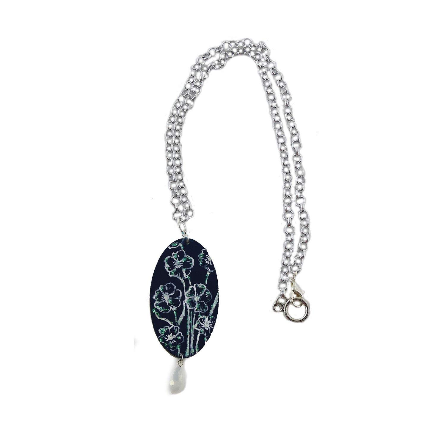 Arte Lisanti Collar con colgante pintado a mano – Anémonas – Collar con colgante pintado a mano, medallón de madera pintado a mano, joya elegante en madera totalmente pintada
