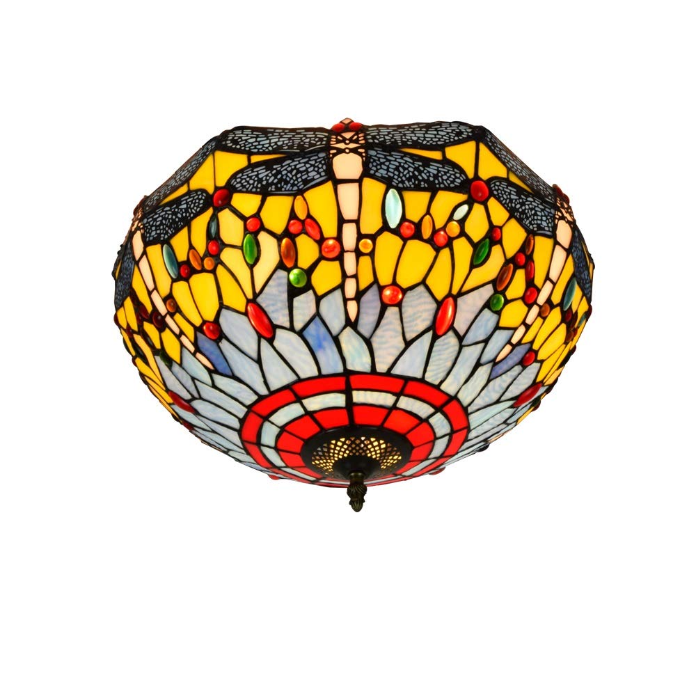 HPTHLY Stained Glass Ceiling Lighting 40Cm Tiffany Style Stained Galss Ceiling Lamp Yellow Dragonfly Glass Fixture Indoor Ceiling Lamps And Lanterns For Bed Aisle Balc