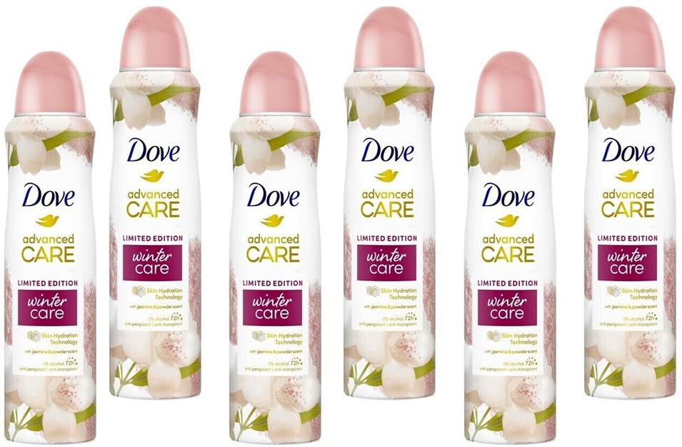 6x Dove Deospray Advanced Care Winter Care,Jasmin & Puderduft Antitranspirant 72 Stunden Schutz weiche Achseln 0% alkohol Deodorant mit Skin Hydration Technology,150ml (6er Pack)