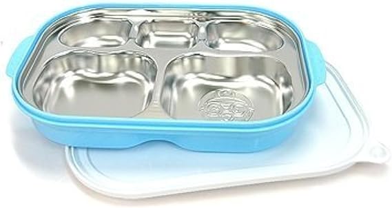 Pororo Portable Stainless Steel Divided Food Tray, Platter with Lid in Blue, Made in Korea