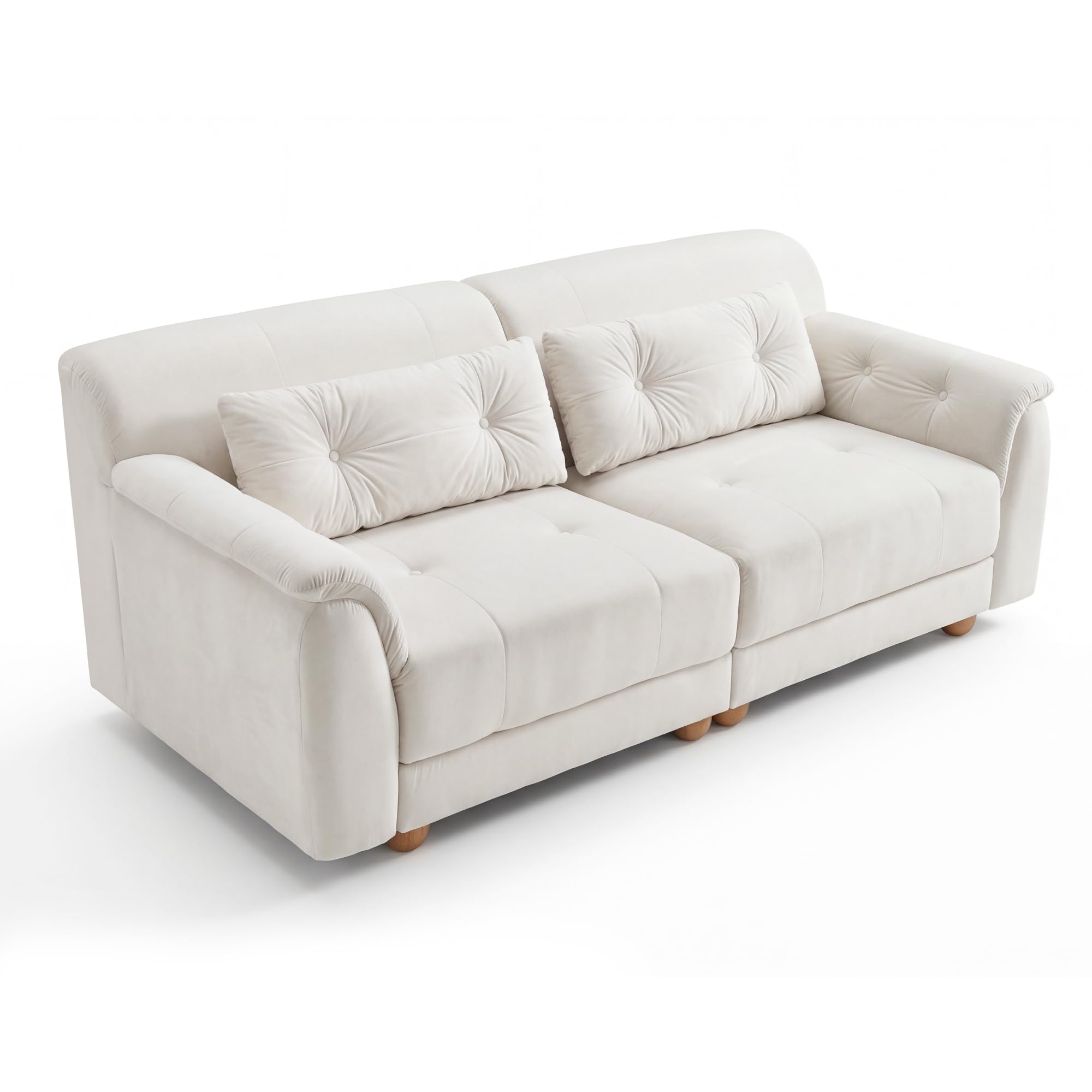 BonVache 2 Sitzer Sofa mit Knopfheftung, 3 Sitzer Samtsofa mit 2 Rückenkissen und kugelförmigen Massivholzbeinen, Bequemes Couch mit 54 cm Sitztiefe, Couch für Wohnzimmer, Weiß
